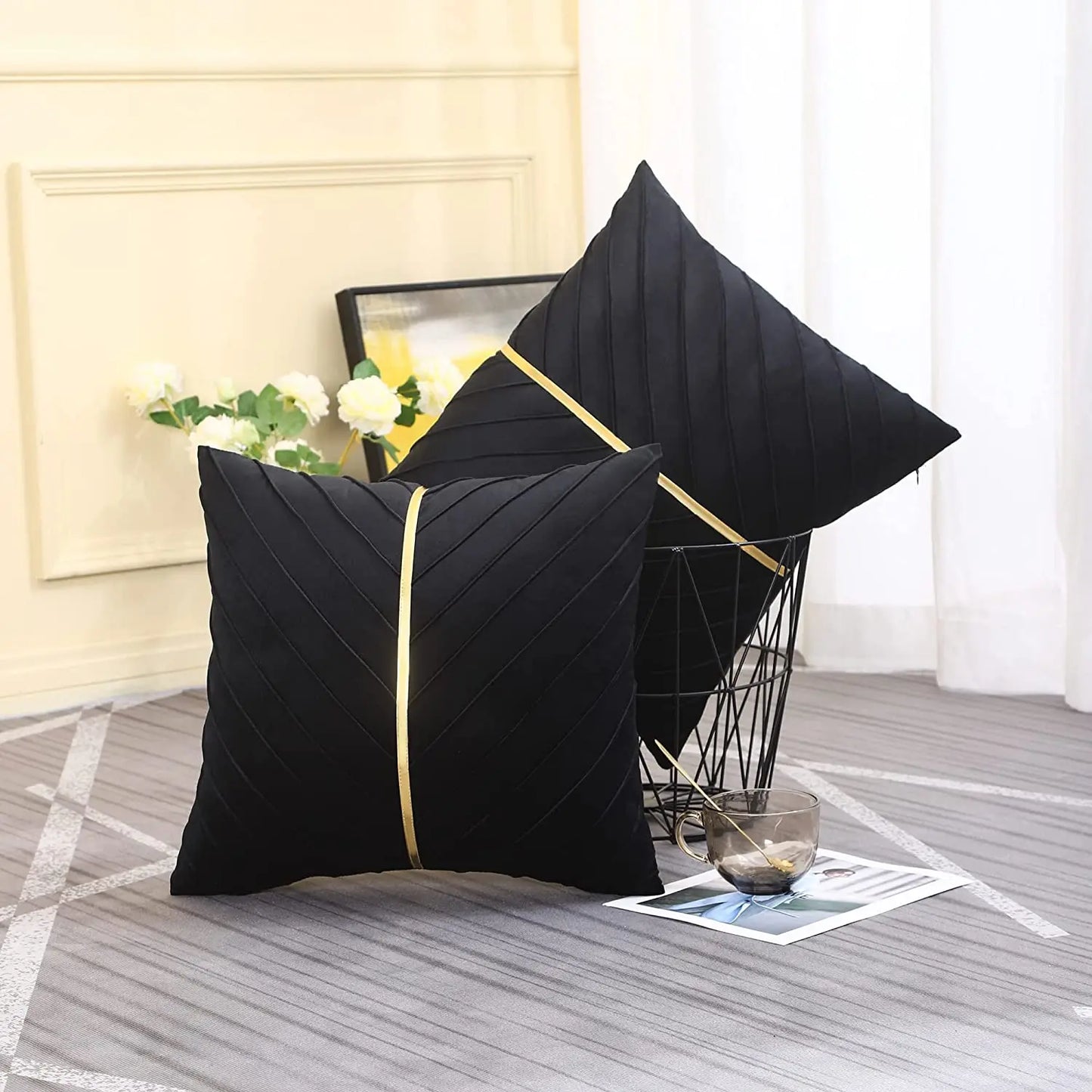 Pack of 2Pcs Velvet Throw Pillow Covers with Gold Leather Decorative 
