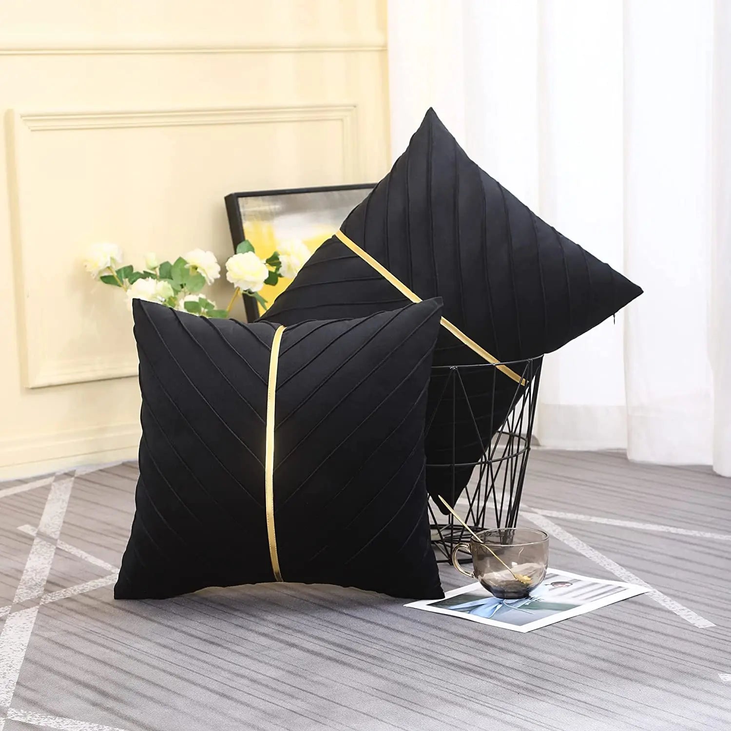 Pack of 2Pcs Velvet Throw Pillow Covers with Gold Leather Decorative 