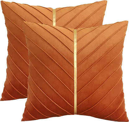Pack of 2Pcs Velvet Throw Pillow Covers with Gold Leather Decorative 