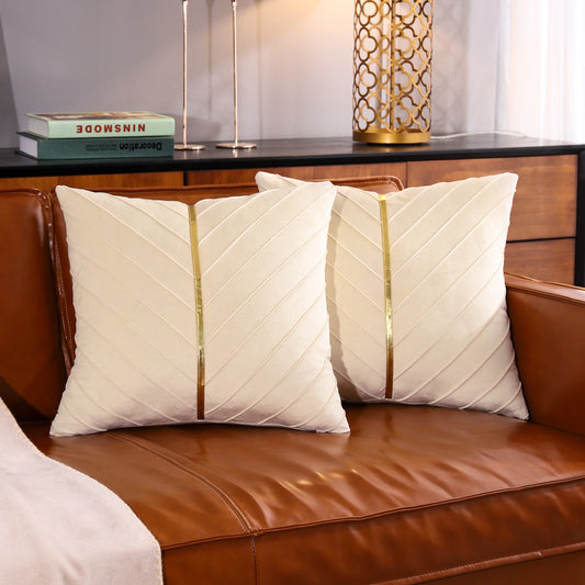 Pack of 2Pcs Velvet Throw Pillow Covers with Gold Leather Decorative 